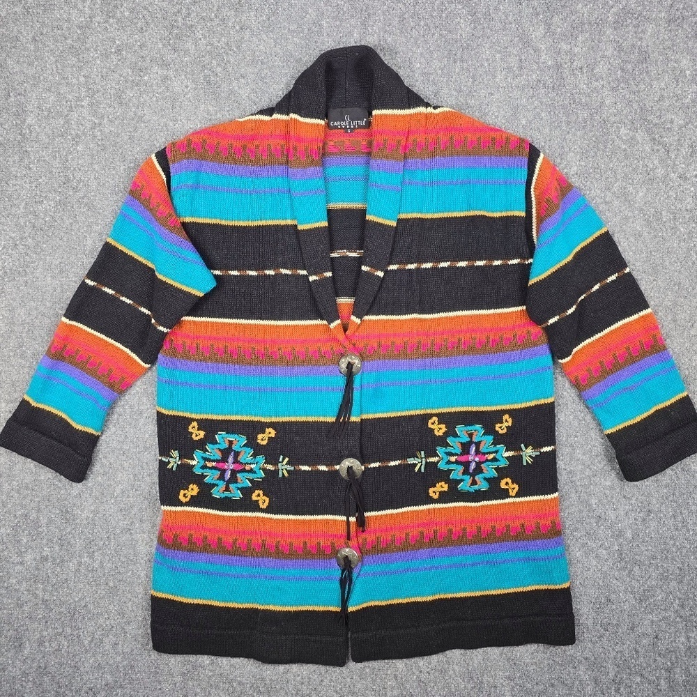 VTG- Carole Little- Womens Small Shawl collar Cardigan Southwest Aztec Sweater - Picture 1 of 11